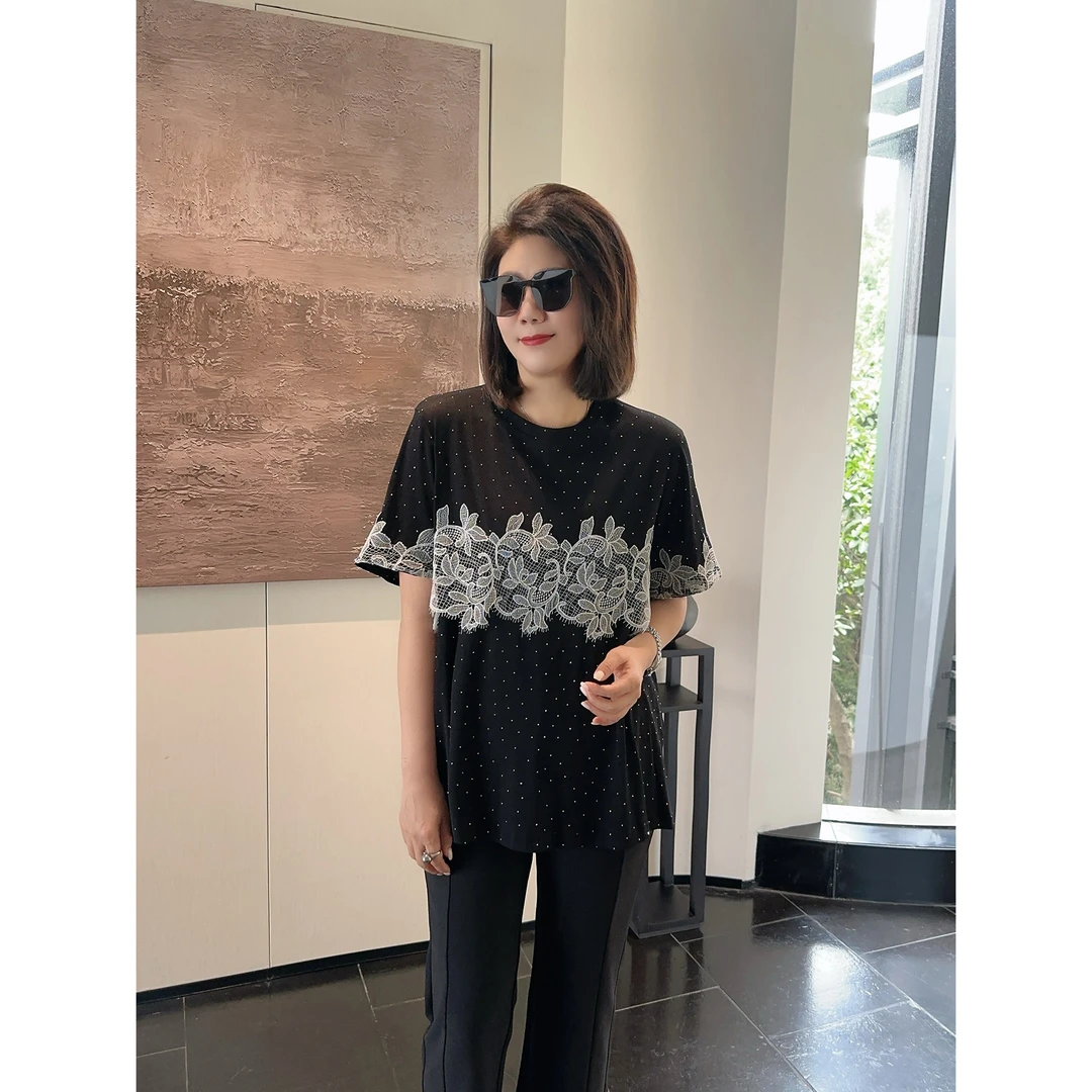 微胖女装【艺术拾光】带钻蕾丝花边半袖T恤显瘦百搭短袖20670