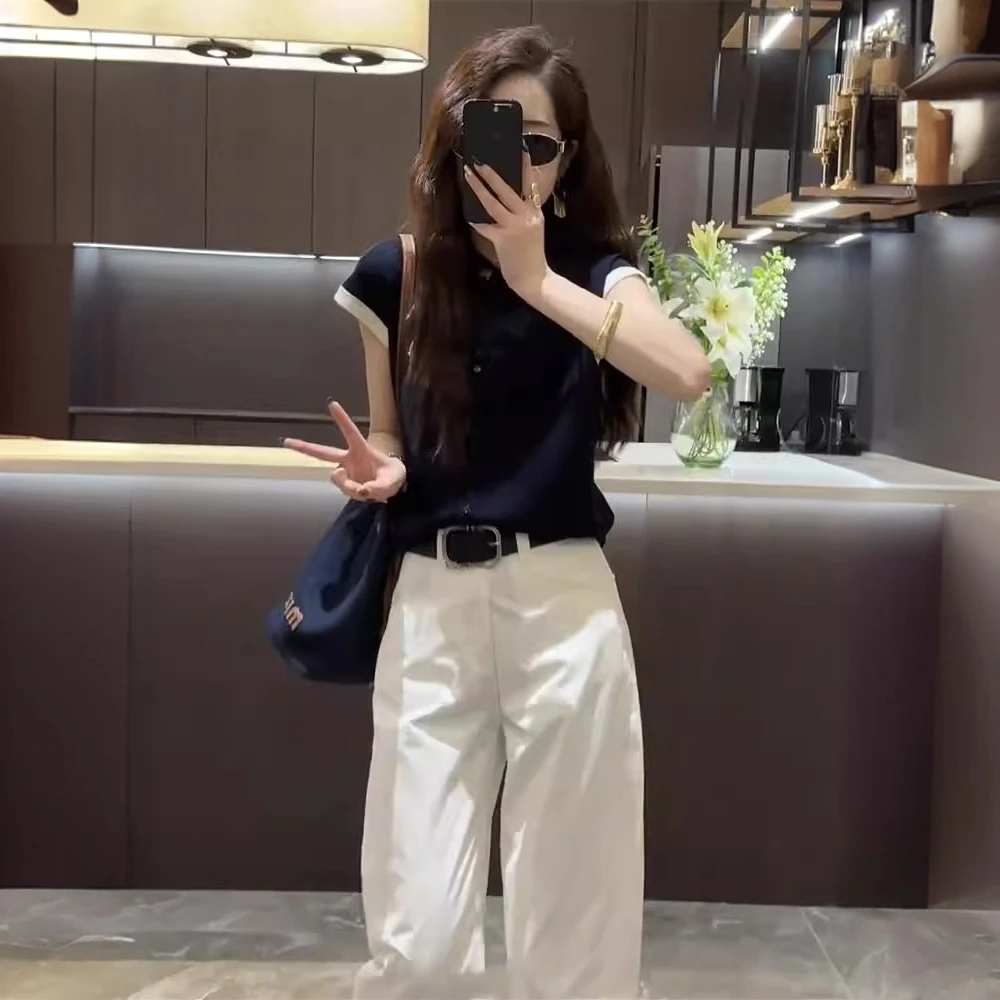 网红炸街时尚洋气polo领针织T恤女百搭显瘦直筒休闲阔腿裤套装潮