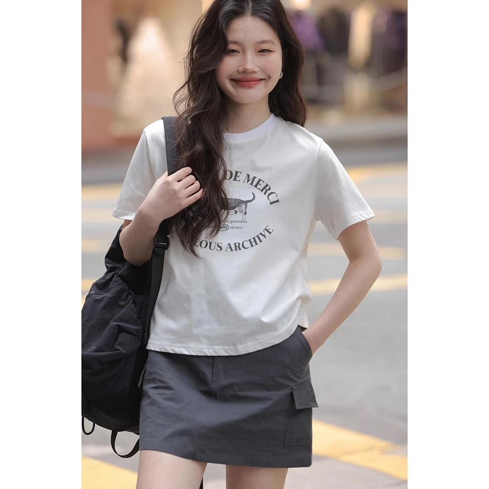正肩短袖T恤女夏季韩版百搭设计小众印花别致圆领打底衫上衣ins潮