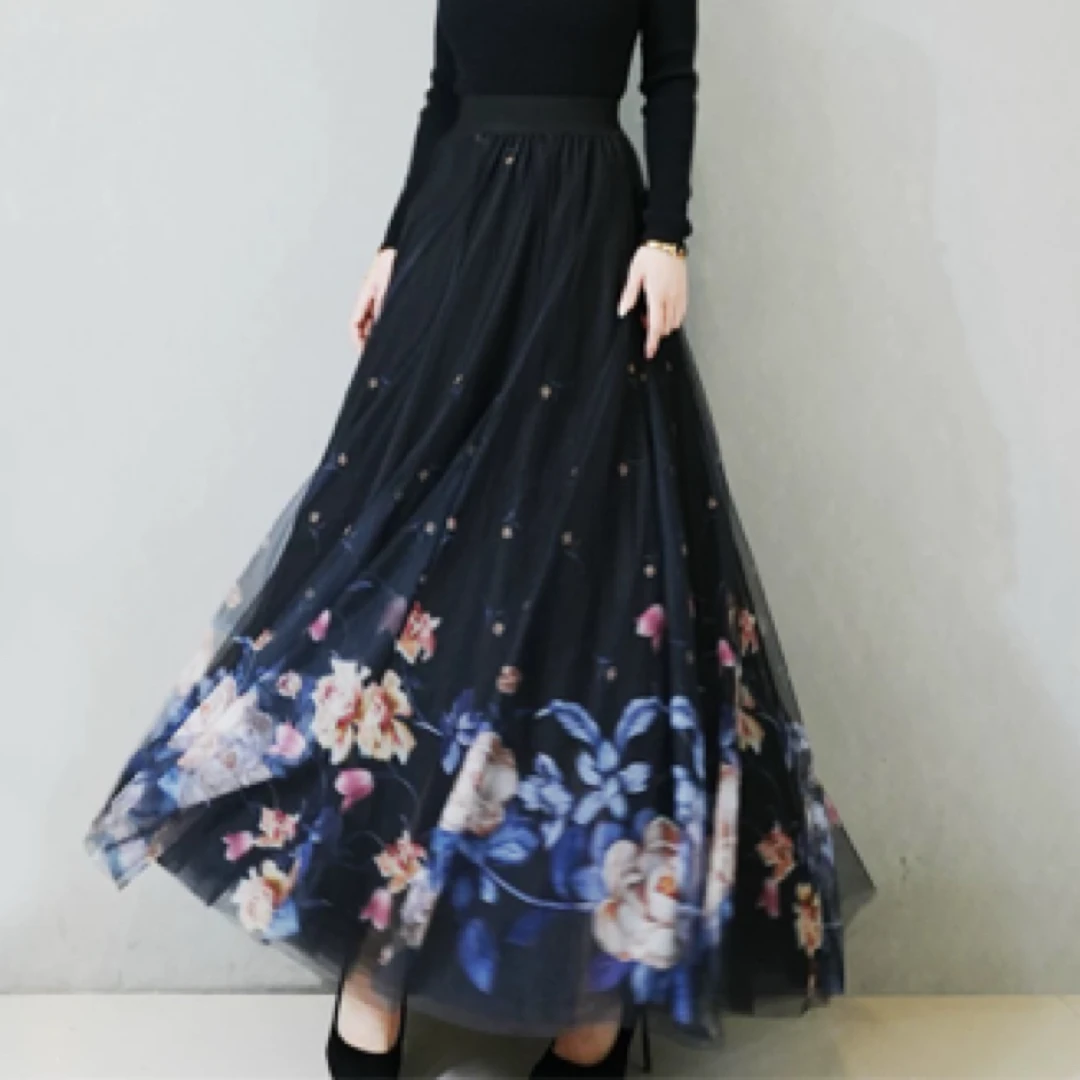 【蓝莲芍药】正反两穿印花烫钻星空网纱半身裙高腰春夏显瘦日常长款