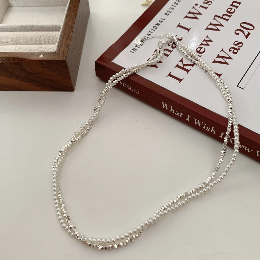 链子925银 【交织缠绕】通体S925纯银碎银子珍珠双层缠绕款项链百搭