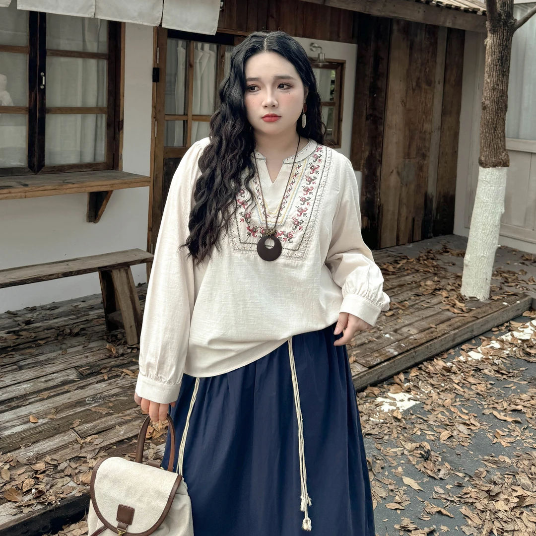 DC8367大码女装【巨好看的早秋套装】复古刺绣长袖衬衫半身裙两件套