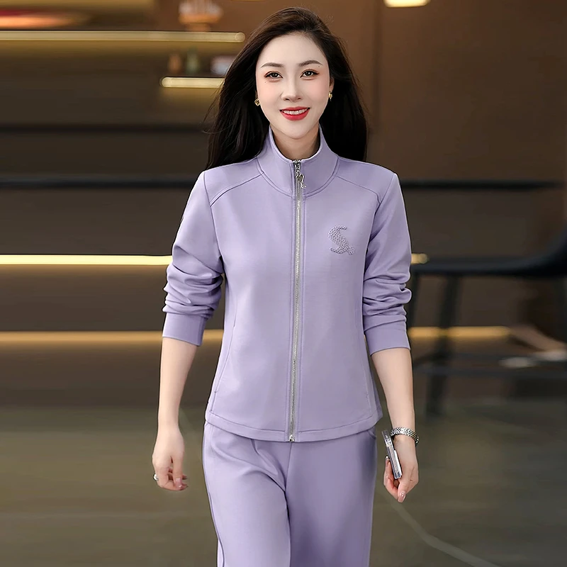 恩狐春秋新款运动休闲时尚套装中老年妈妈装时尚纯色开衫两件套