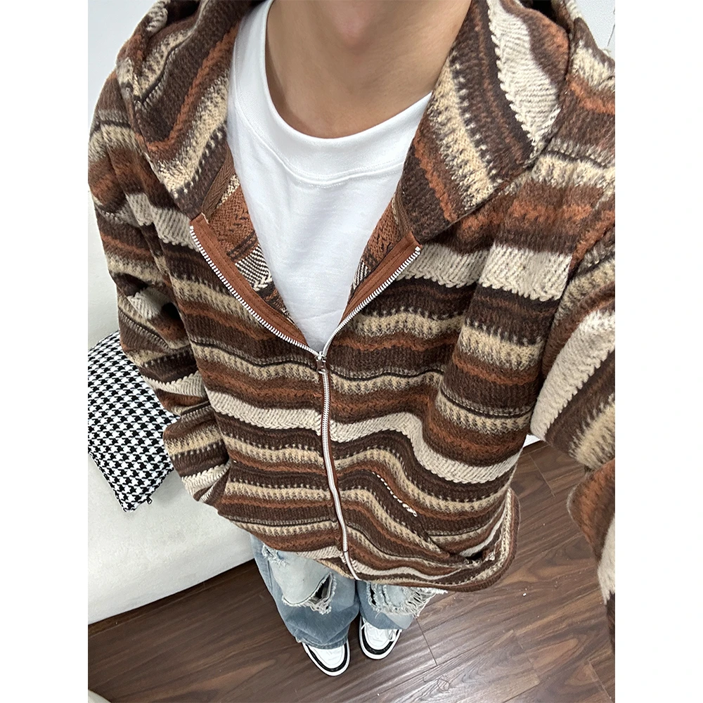 日系慵懒风条纹开衫卫衣男连帽秋季毛呢外套美式复古宽松韩版上衣