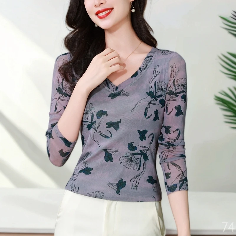 薄小衫阔太太时髦女装洋气衣服高级感网纱打底衫遮肚长袖t恤秋季