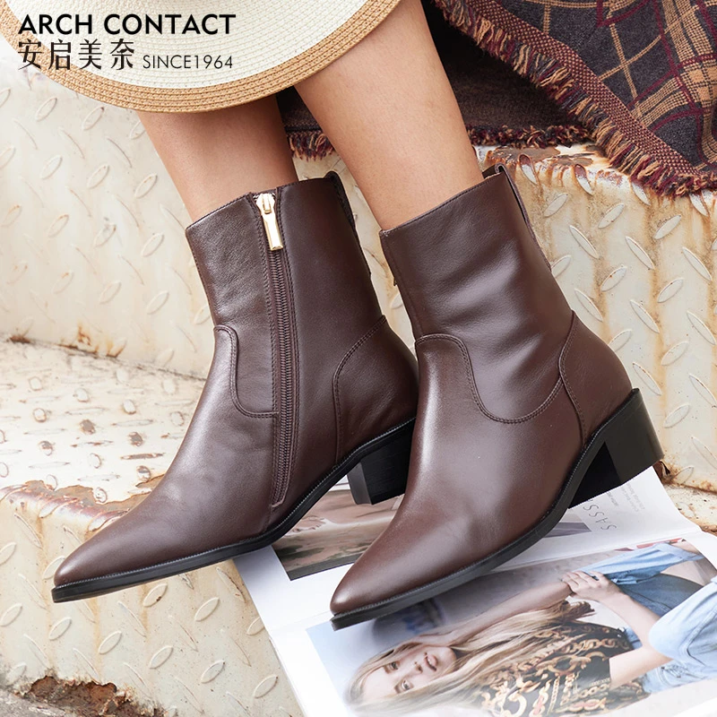ARCHCONTACT安启美奈粗跟复古尖头百搭时装女靴52183