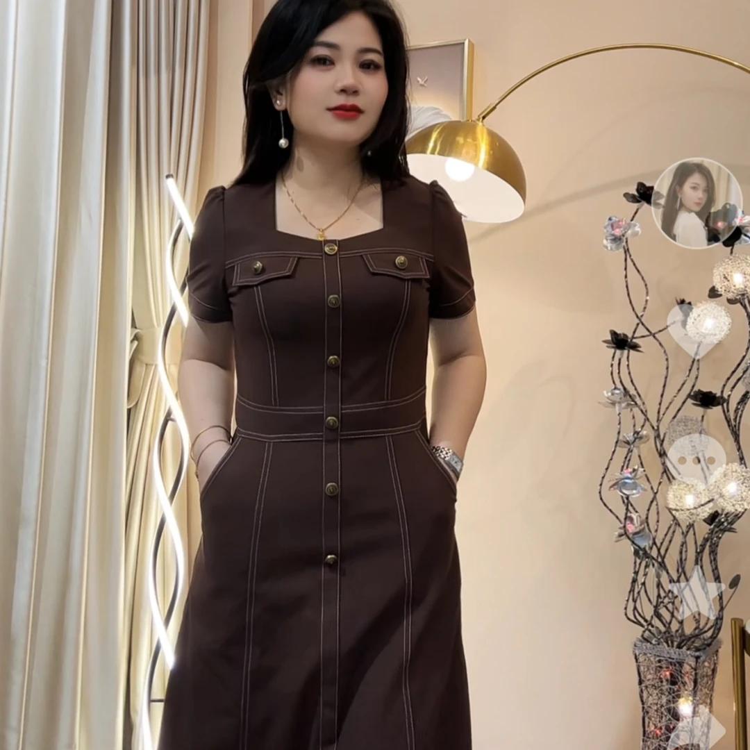 【俊端推荐】新款夏季2025方领轻奢气质法式时尚收腰弹力连衣裙女士