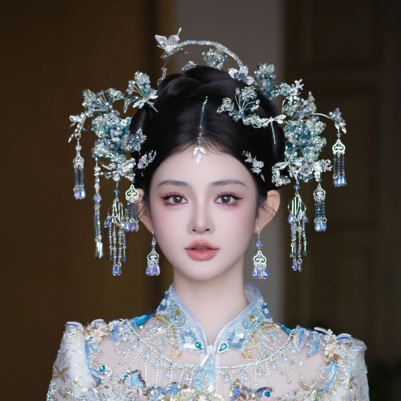 合金婚庆饰品 唯美手工新娘传统新中式蓝色蝴蝶发钗宫廷发饰G0231