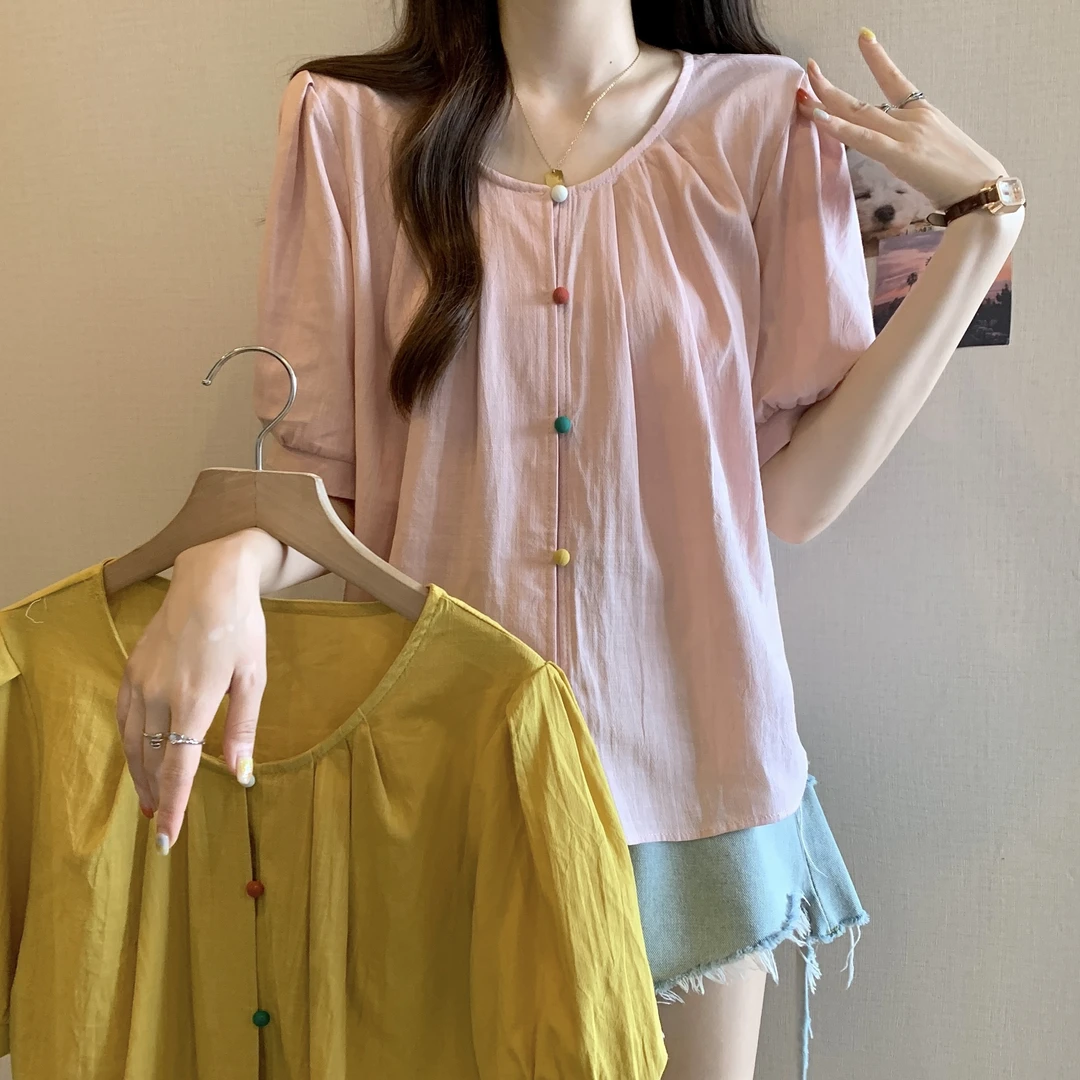 2025春夏大码新款设计感胖MM减年彩色扣短袖衬衫遮肉显瘦上衣女