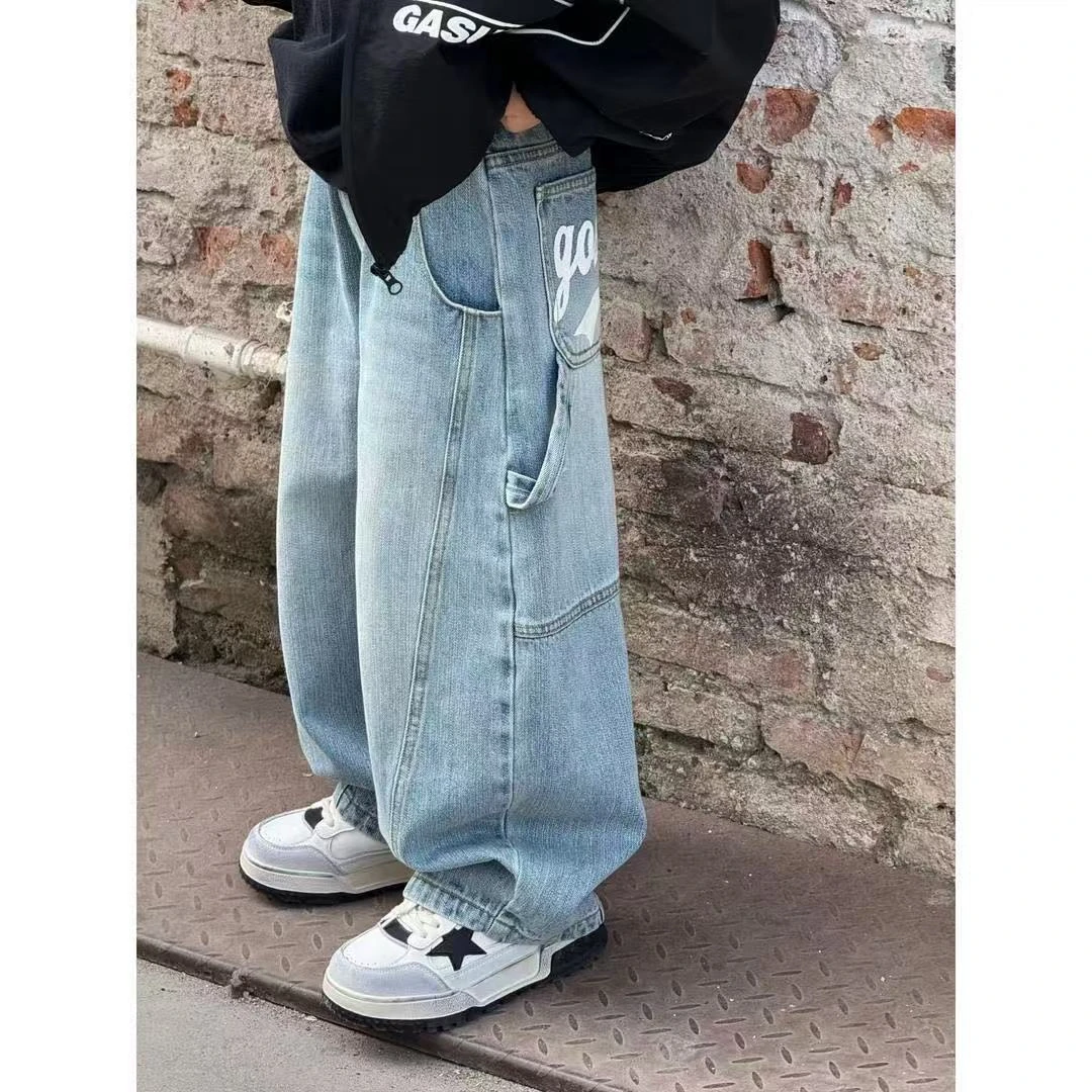 男童春秋直筒阔腿工装牛仔裤2025新款男童春秋痞帅宽松百搭时尚