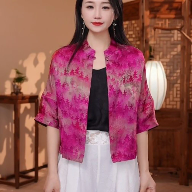 【云裳】中式显白洋气提花短款夏季印花衬衫七分袖上衣外套7396