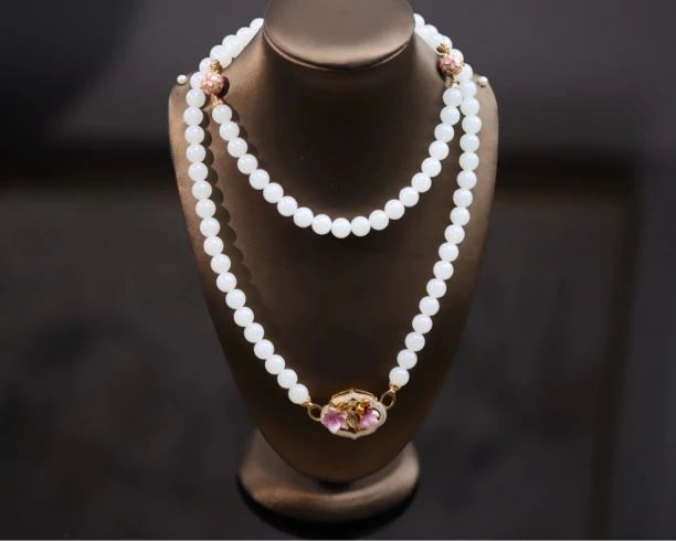 女神链卡8圆珠项链珐琅彩珠18K金杏花胸针吊坠多用款新疆和田玉