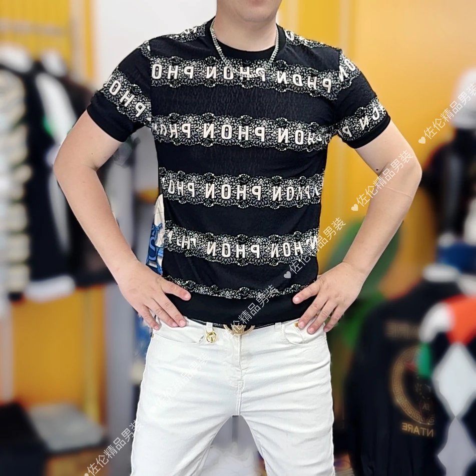 255夏季新款男士时尚男士修身提花冰丝体恤