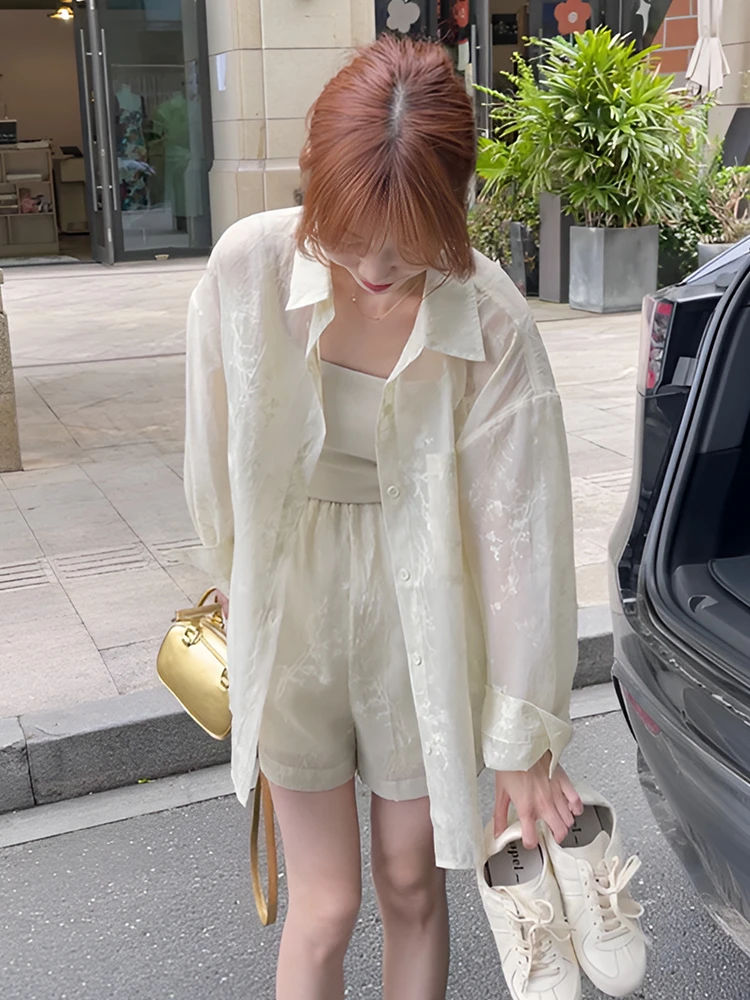 大码新款夏装搭配一整套时尚套装新中式衬衫休闲提花短裤两件套女