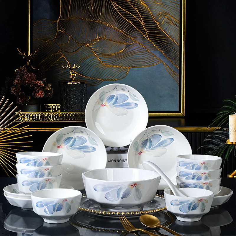 【不带礼盒】凌波仙子8碗6盘1汤碗15件套轻奢陶瓷餐具套装