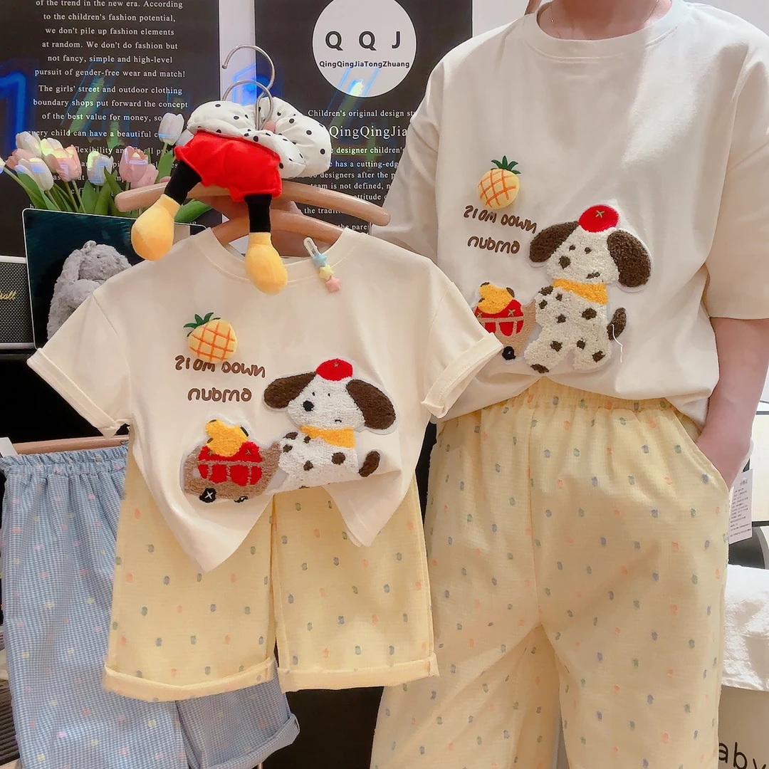 【水果小狗】25新亲子装儿童T恤套装彩虹波点格子裤夏季短袖长袖T恤