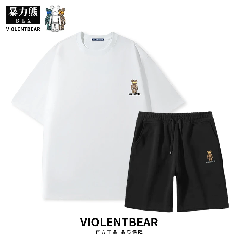 暴力熊纯棉刺绣小熊运动休闲套装针织短袖T恤美式高级感男装衣服