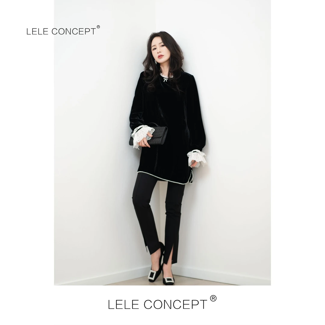 LELE CONCEPT｜「夭夭」 钉珠蝴蝶结丝绒连衣裙Q0469