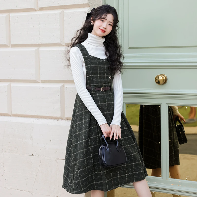 【拍下有腰带】法式复古洋气格纹连衣裙女设计感百搭时尚长裙