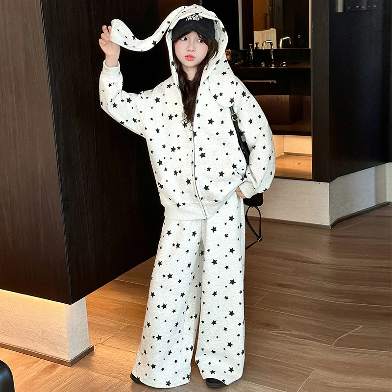 女童2025新款韩版春秋季节时尚宽松休闲印花外套宽松阔腿裤套装潮