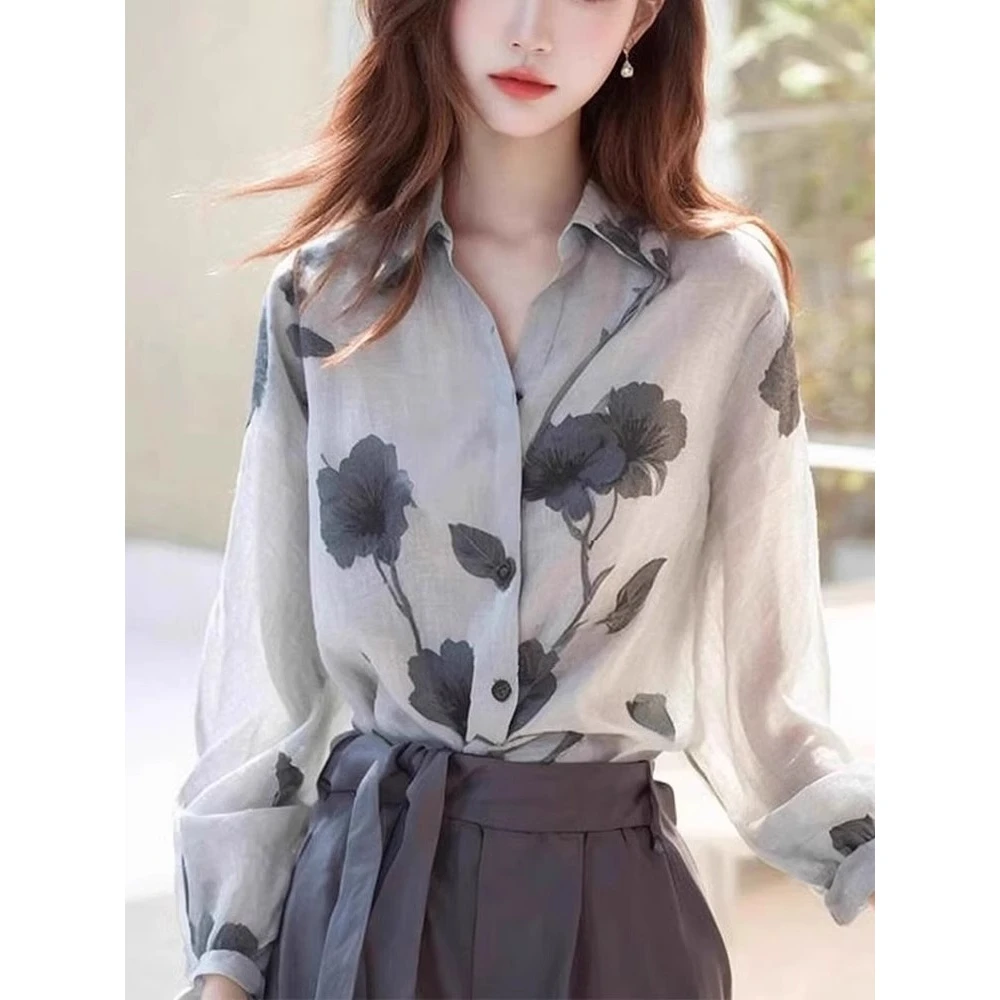 印花长袖衬衫女春夏季新款长袖气质上衣时尚百搭薄款宽松防晒衬衣