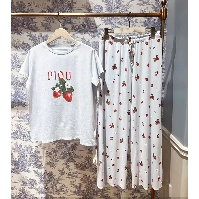 米诗缇【g家蓝色奶油草莓短袖长裤】 小众设计可外穿短袖长裤家居服