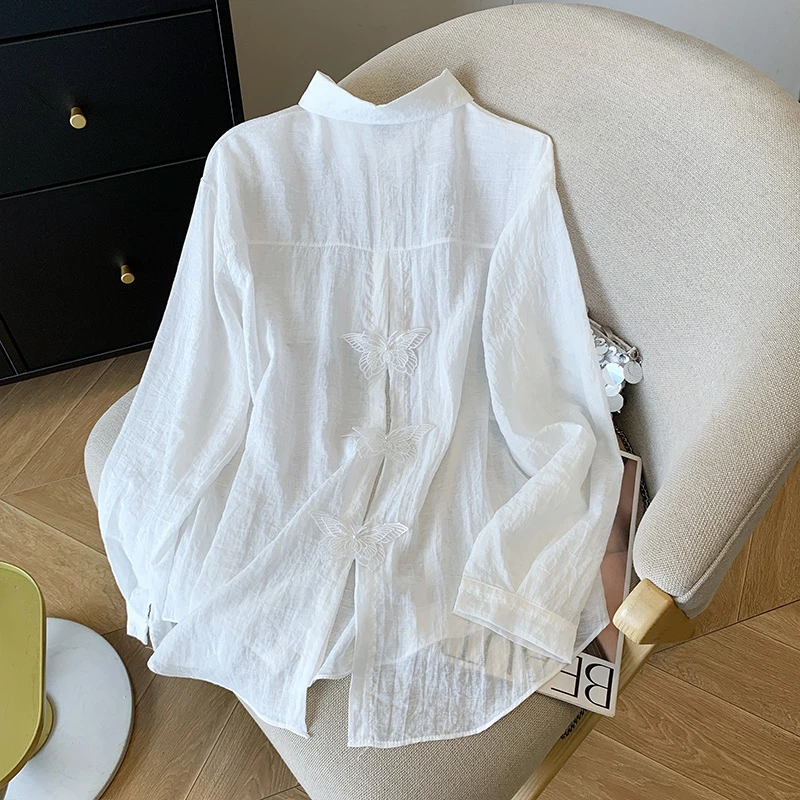 设计感后背蝴蝶拼接蕾丝长袖防晒衬衫外套女夏季薄款宽松衬衣