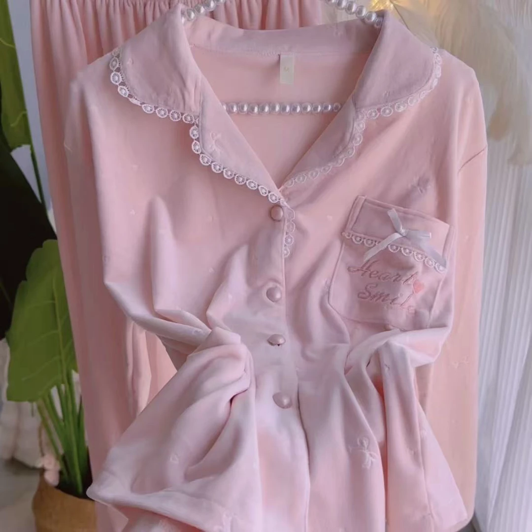 女士秋冬海岛绒长袖长裤甜美花边睡衣家居服