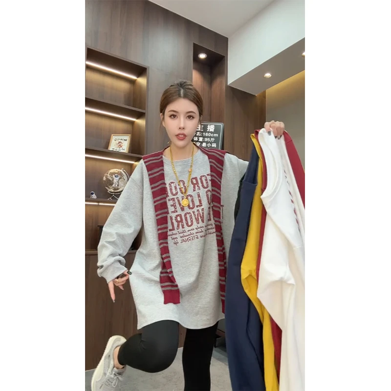 欧货2025早秋新款字母圆领印花中长款卫衣长袖时尚潮流大码显瘦女