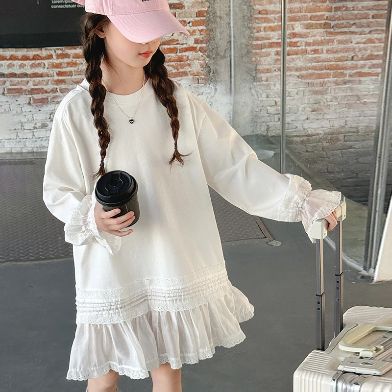 女童春夏长袖连衣裙2025新款儿童女孩宽松花边中长款T恤裙韩版潮