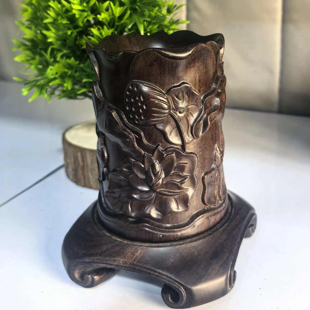 【黑檀12天圆地方新款底座+黑檀荷花笔筒】一套