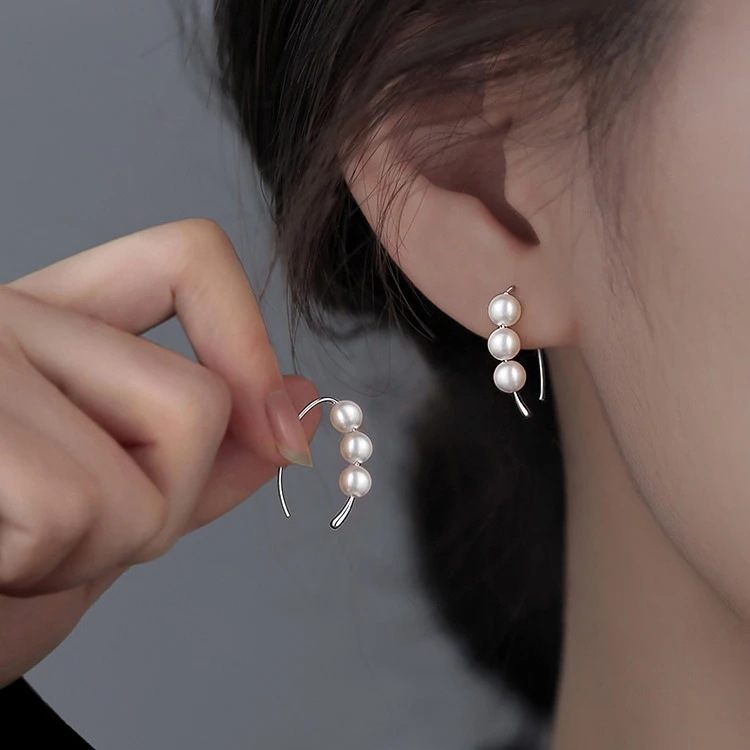 925银仿珍珠耳饰 925银针挂钩珍珠防致敏耳钉小众设计感耳钩耳饰