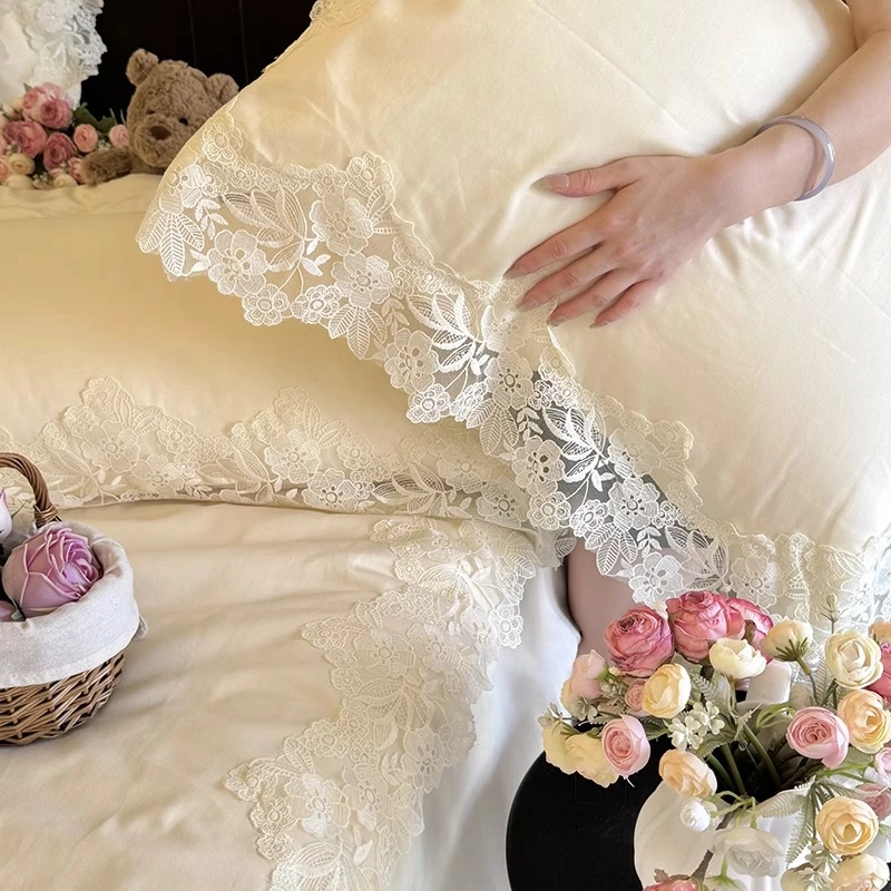 法式全棉雪纺四件套轻奢高级感纯棉被套床单蕾丝花边四季通用