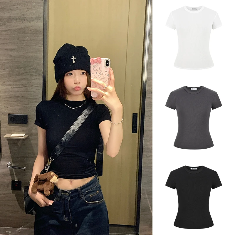 Moses Queen/魔西女王显身材掐腰正肩T恤女夏季修身显瘦圆领上衣