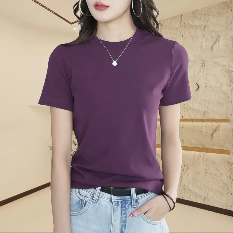 宽松显瘦圆领T恤上衣女2025早春新款休闲百搭纯色大码短袖小衫