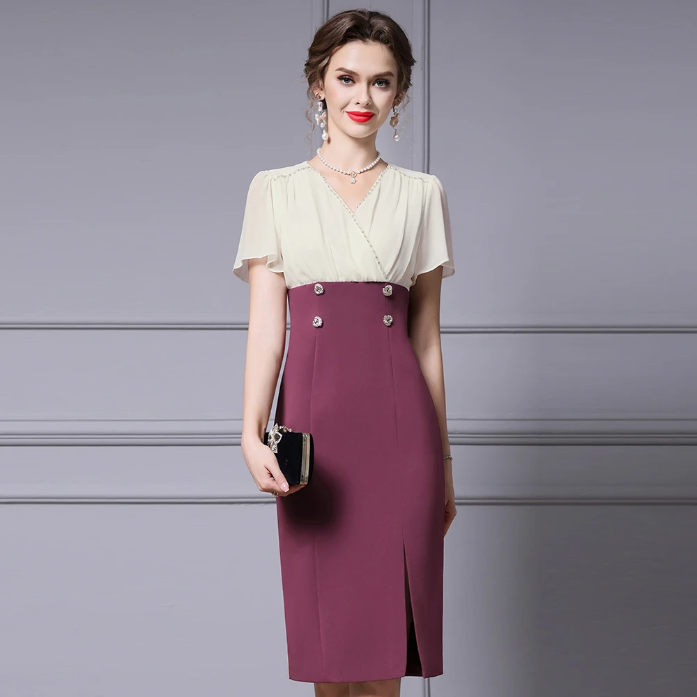 枝荔法式连衣裙女夏2025新款正式场合钻扣纱袖遮手臂收腰包臀裙子