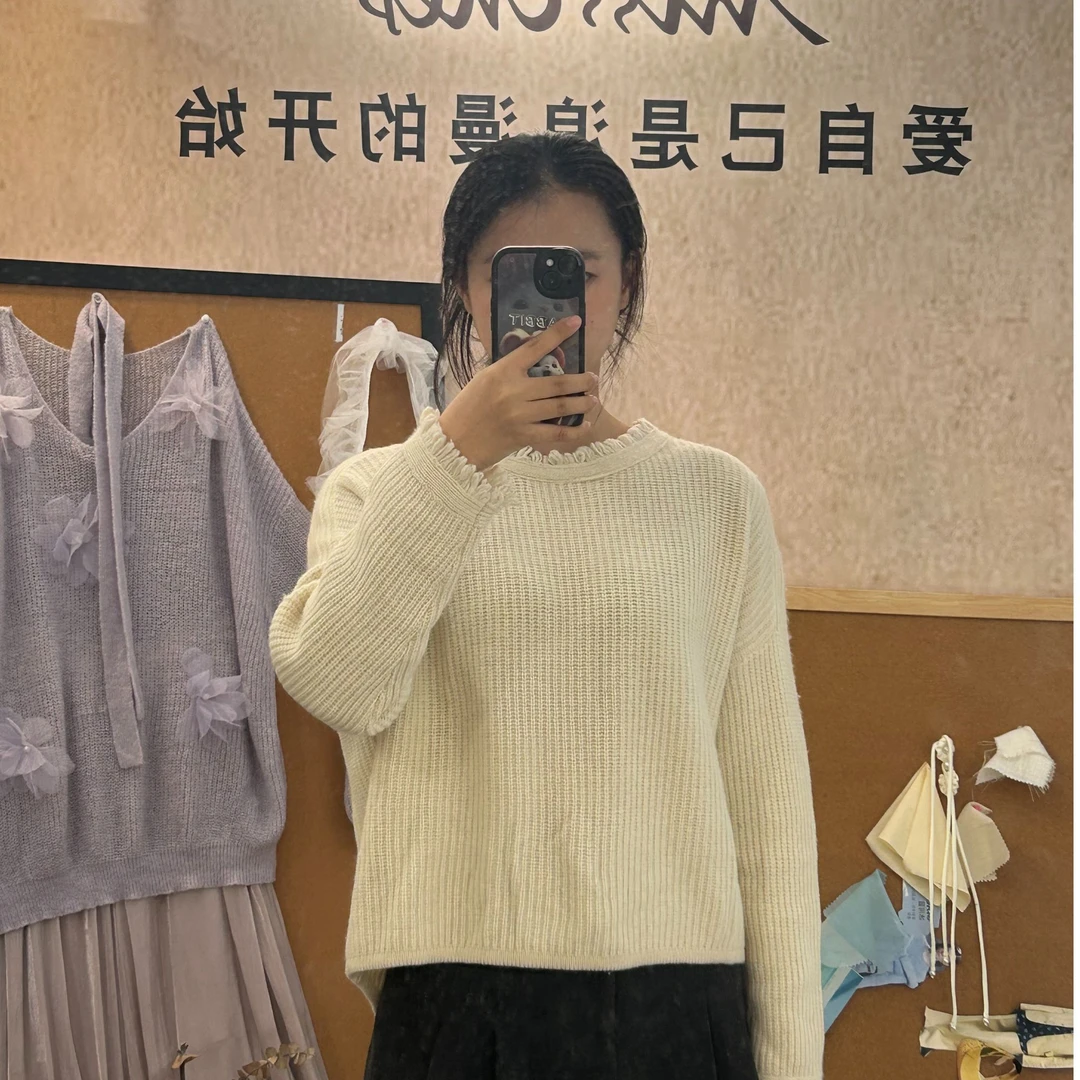 M19杏色羊毛百搭纯色秋冬极简风森系宽松圆领毛衫毛针织衫