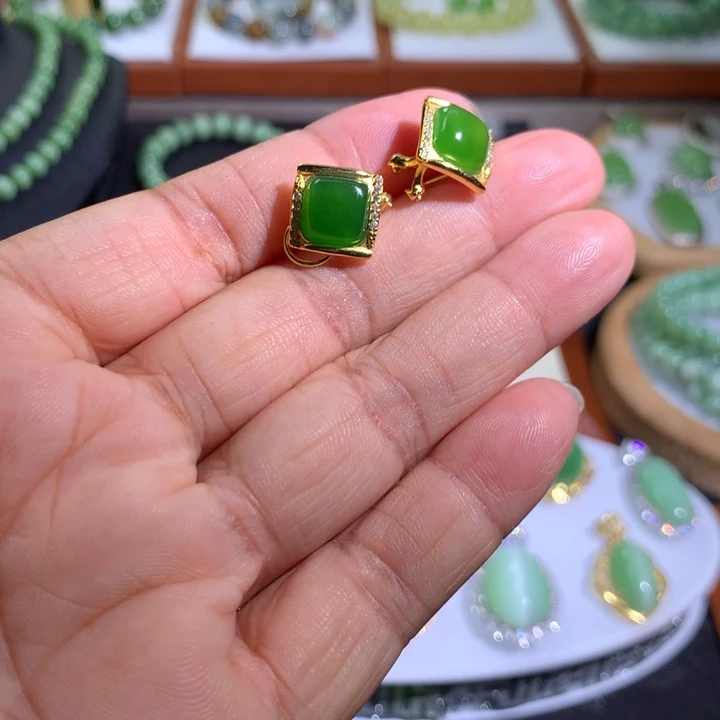 银S925镶嵌和田玉(碧玉)耳饰