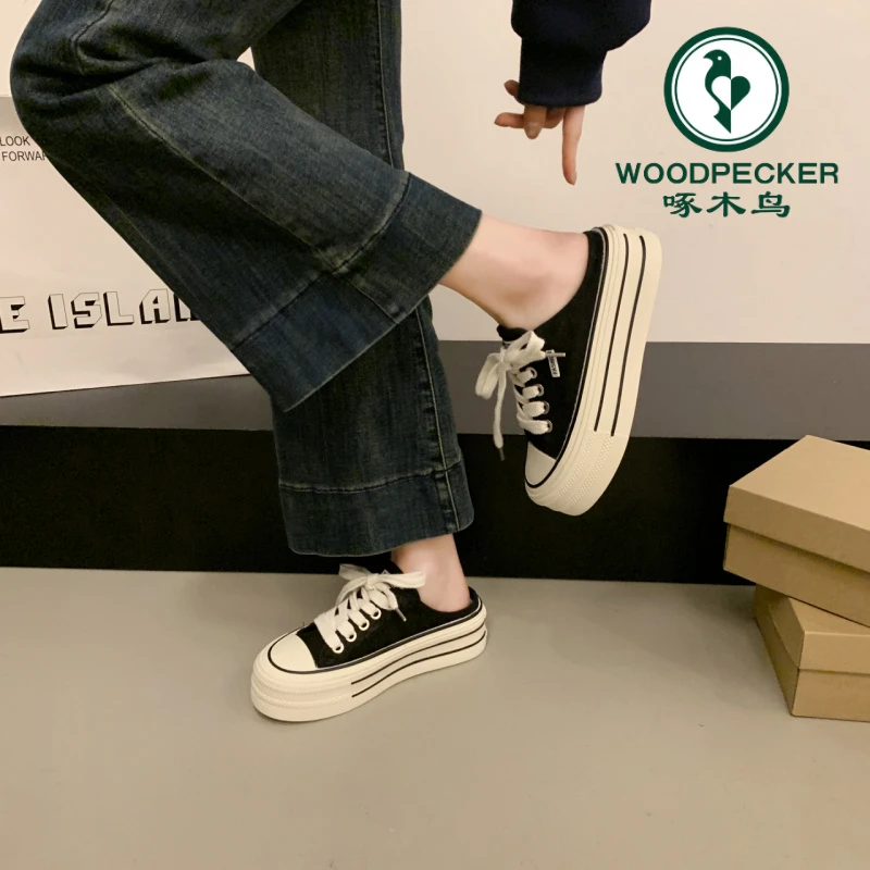 啄木鸟内增高帆布鞋女一脚蹬2025新款小个子厚底休闲包头半拖鞋女