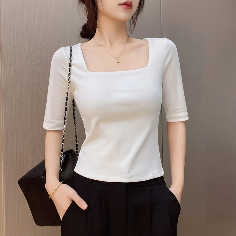 白色方领中袖T恤女2025秋季新款设计感法式正肩显瘦半袖打底上衣