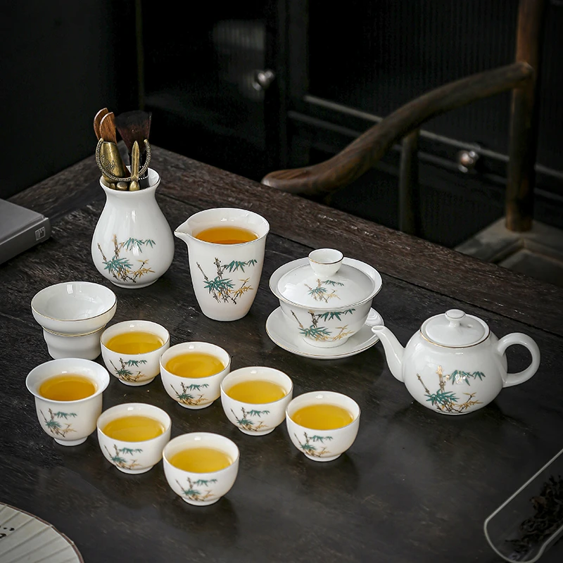 晟翔陶瓷茶具大套装羊脂玉瓷竹报平安绿竹12头加六君子