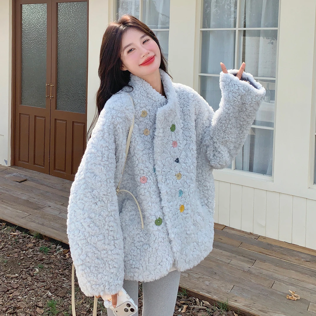 蓝色超好看彩色扣羊羔毛外套女2025冬季韩系慵懒休闲保暖皮毛一体