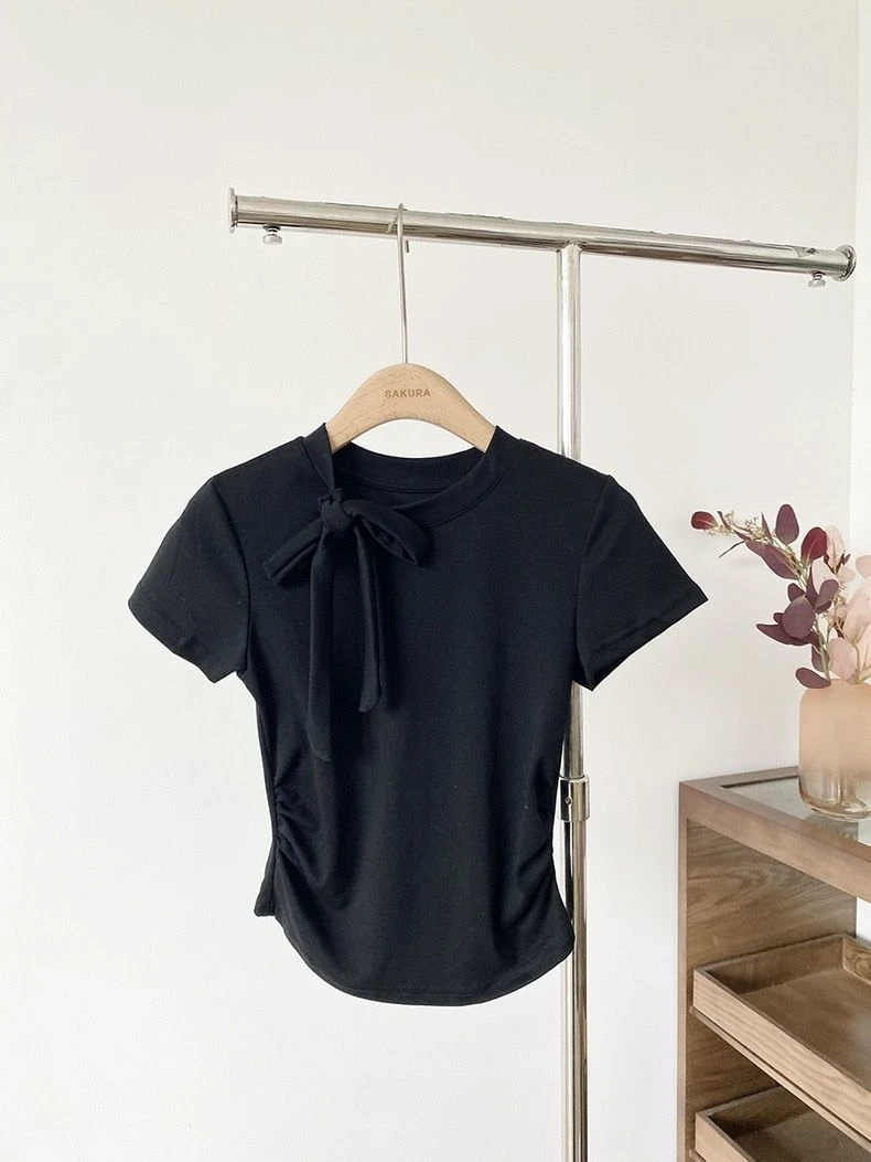 微胖妹妹大码女装系带蝴蝶结弧形收腰显瘦t恤夏季显瘦遮肚子上衣