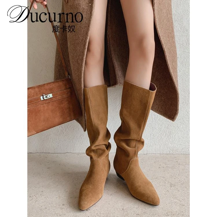 DUCURNO牛翻皮不过膝高筒长靴女时尚套筒堆堆靴粗跟尖头西部靴子