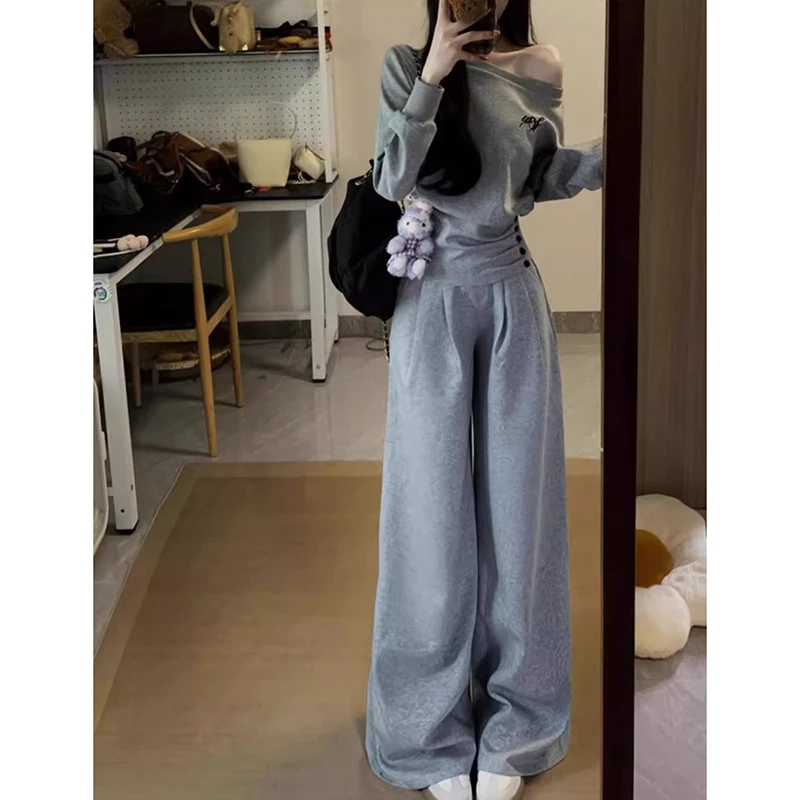 韩系灰色休闲运动套装女春季短款收腰斜肩上衣阔腿裤两件套卫衣