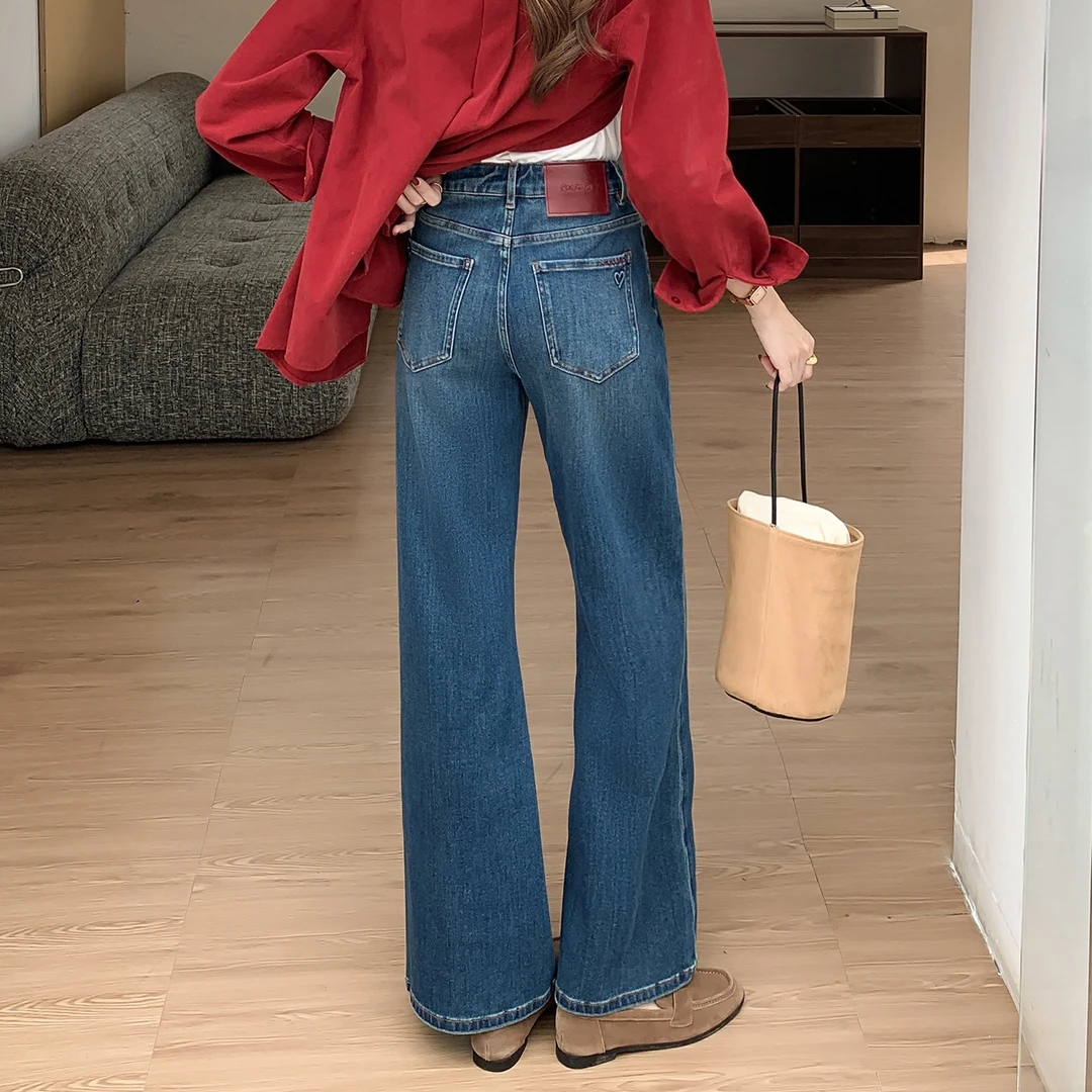 F95199菲西子糯米牛仔裤女秋冬季时尚中腰弹力百搭休闲显瘦喇叭裤