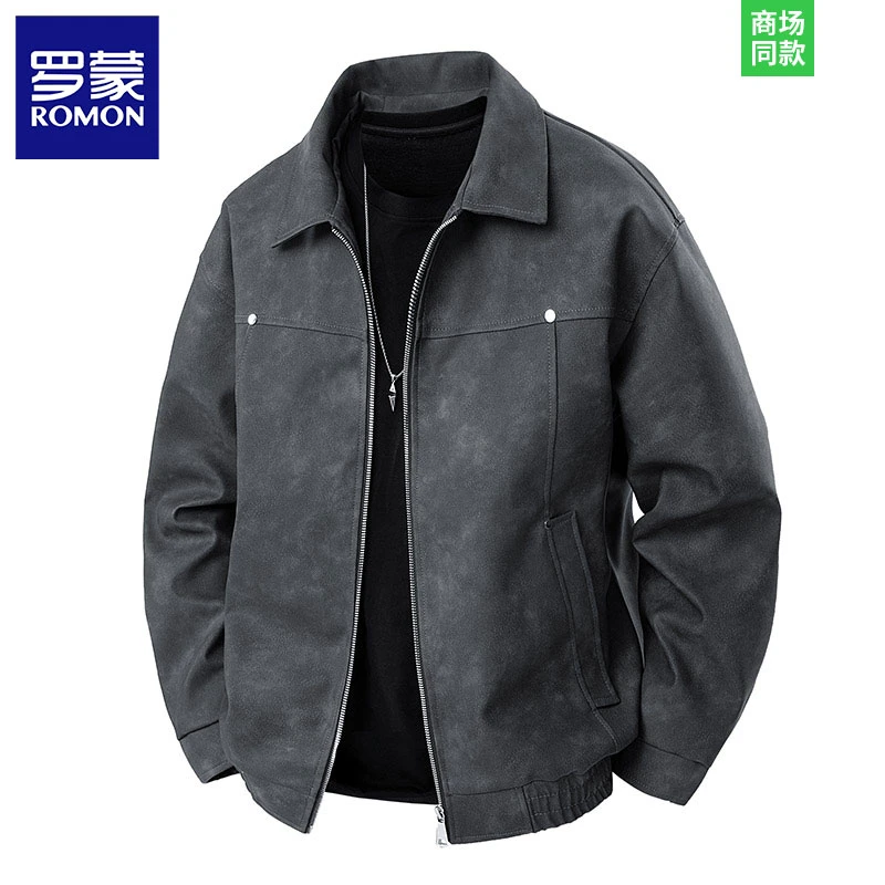 Romon/罗蒙高质感皮衣夹克外套宽松翻领情侣美式复古男款皮衣外套