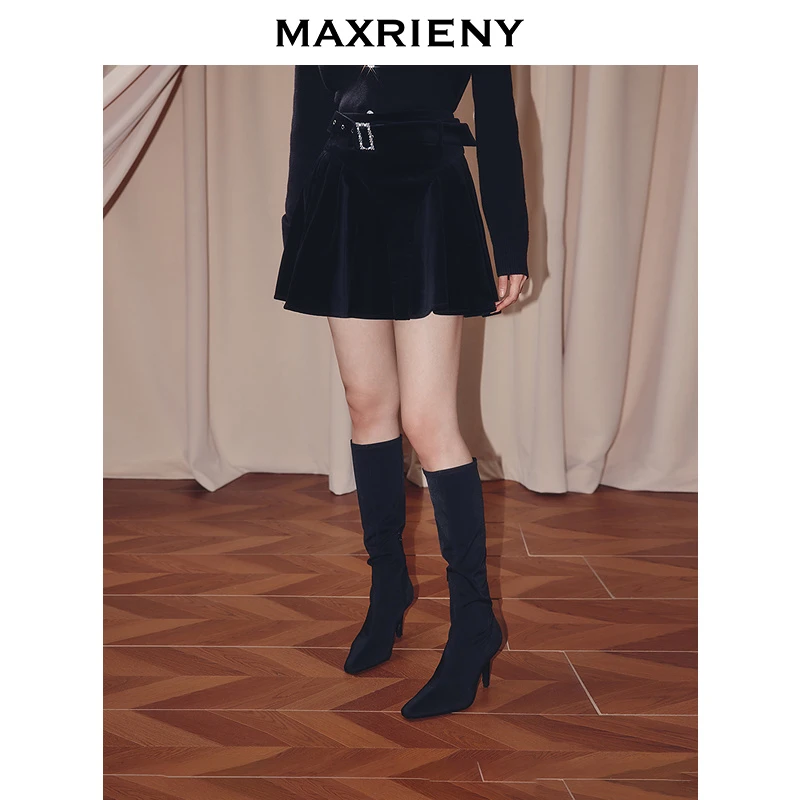 【林一专属】MAXRIENY半裙高腰丝绒短裙25秋款黑色a字压褶伞裙