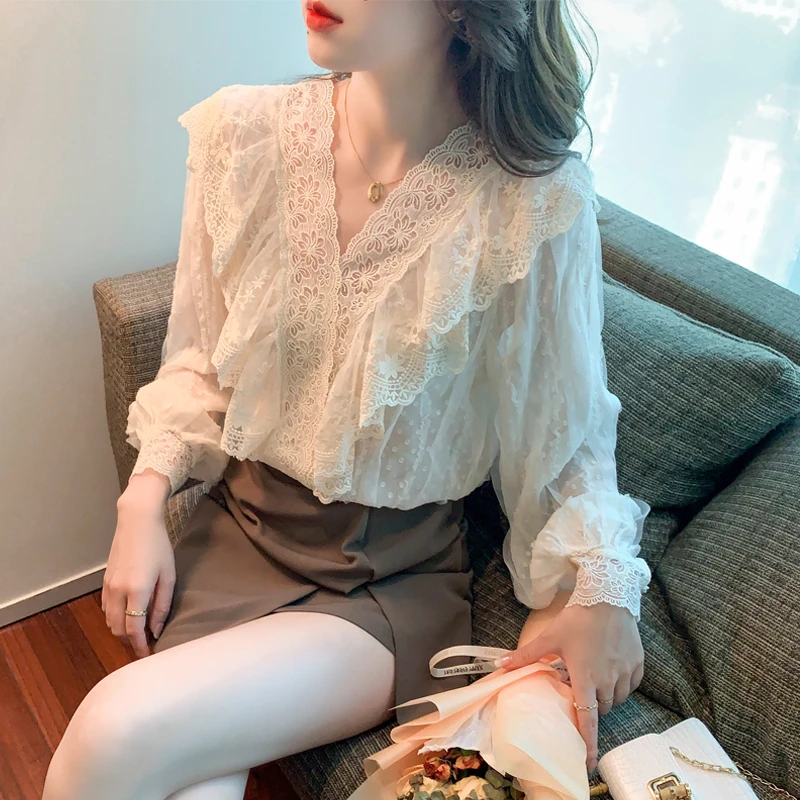 拉夏贝尔荷叶边蕾丝雪纺衬衫女士长袖小衫秋季法式小众洋气上衣