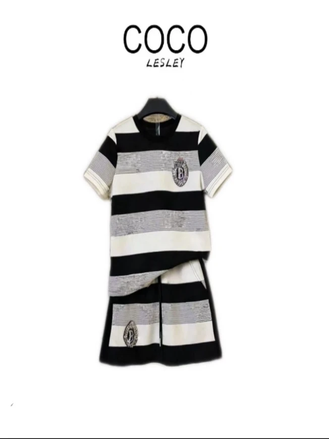 【COCO LESLEY】欧韩潮流新款条纹二件套针织休闲百搭显瘦宽松套装
